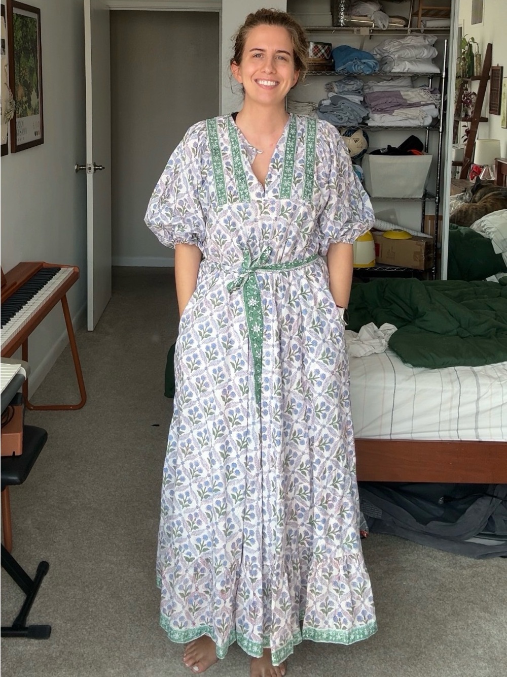 Marea House Dress Blue White and Green Floral Medium 3